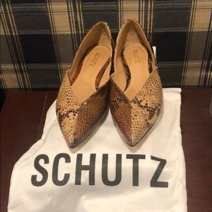 SCHUTZ Snake-Print Pointed-Toe Flats in Brown and Tan